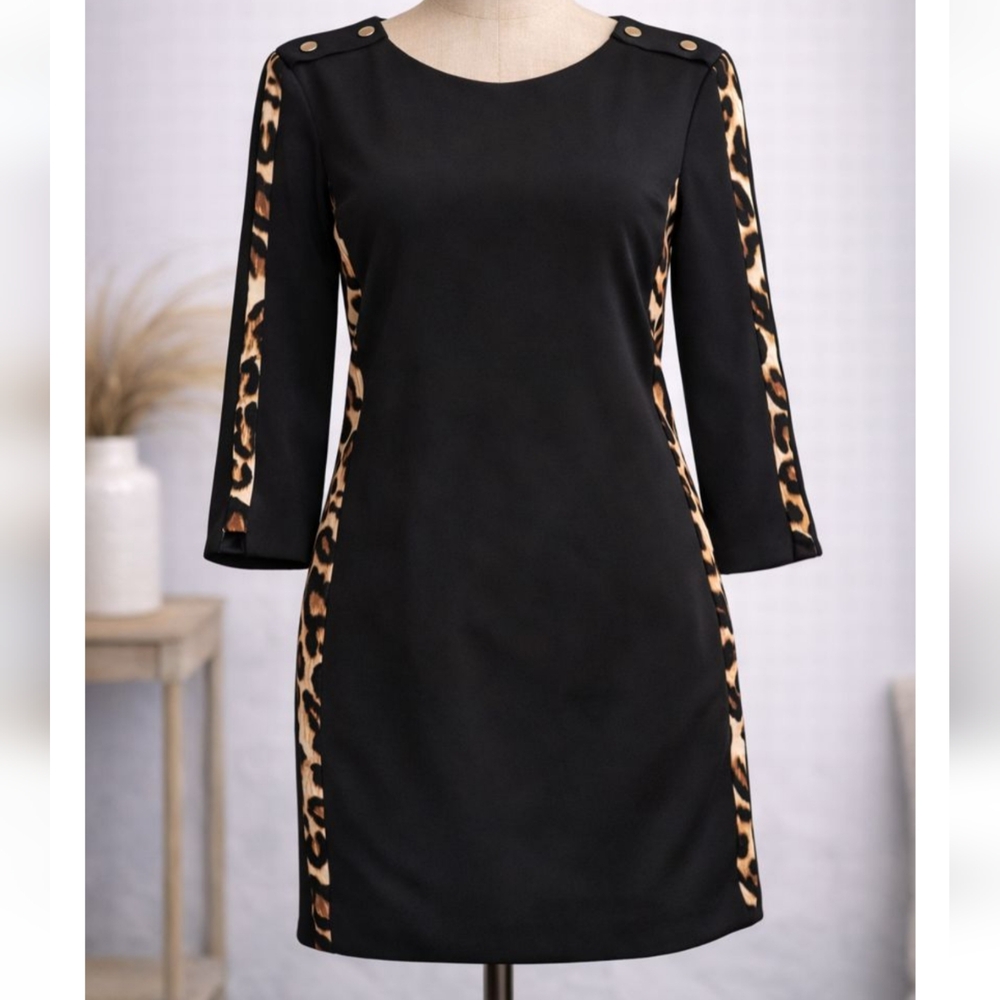 Vince Camuto Black Shift Dress with Leopard Trim Size 8